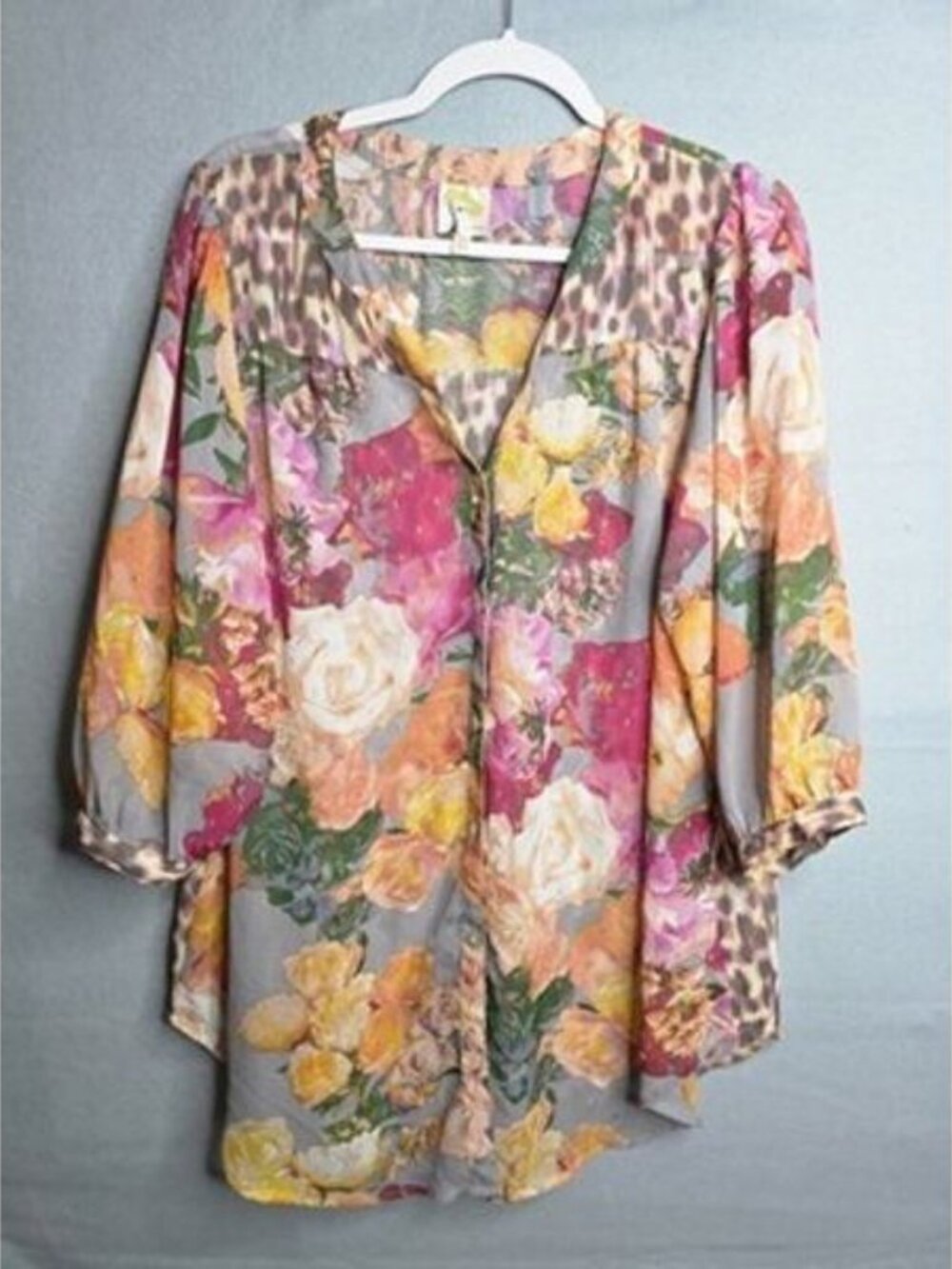 Fig and Flower Blouse Top Women's 1X Multicolor Roses Boho Floral Sheer